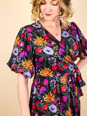 Floral Wrap Midi Dress with pockets- Black with Purple, Red & Yellow Flowers